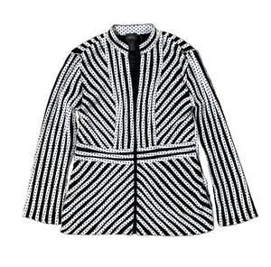 Chicos Travelers Collection Polka Dot Stripe Zip Front Mesh Top Black White Sz 0